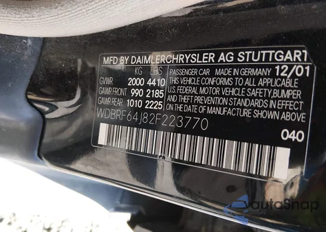 2002 Mercedes-Benz C 320 из США, поврежденный, VIN WDBRF64J82F223770